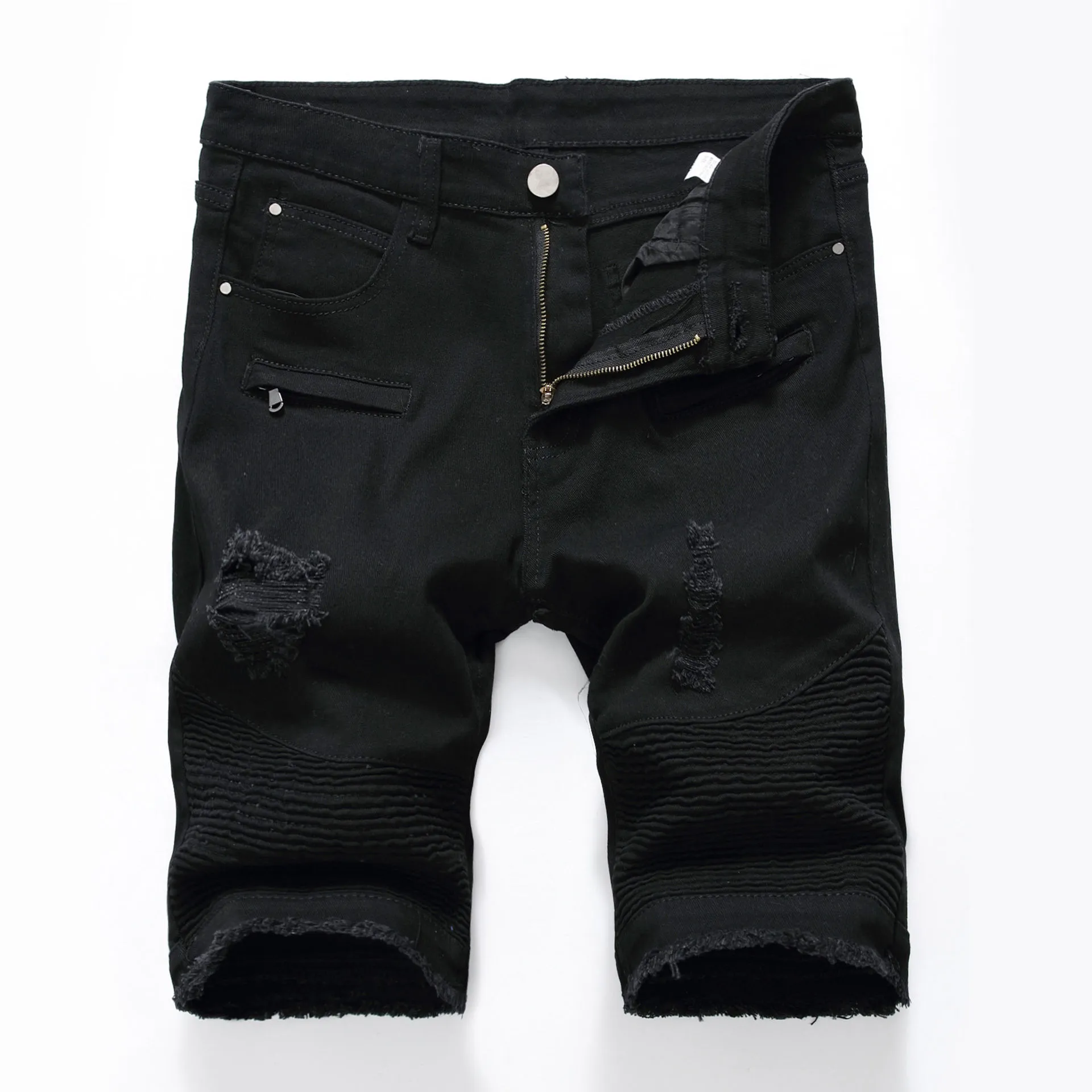 Mannen denim shorts knie lengte slank fit groot formaat zwart -wit gat versleten motorbik korte jeans