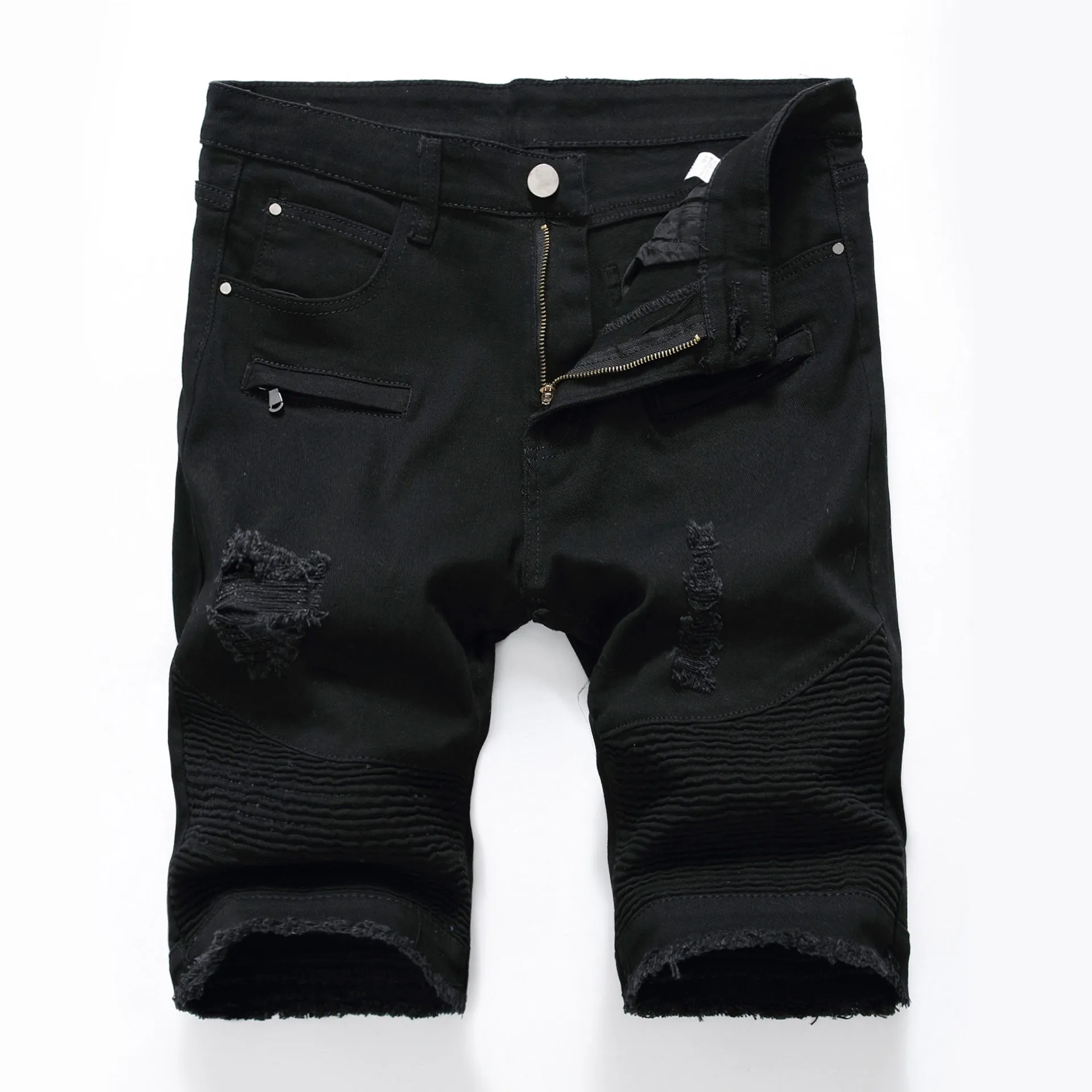 Men de jean Shorts de genou Longueur Slim Fit de grande taille Black and White Hole usé Biker Short Jeans