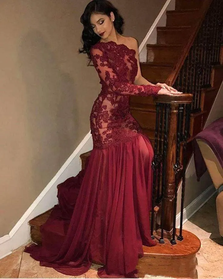 2020 New One Shoulder Long Sleeve illusion Prom Dresses with Lace Applique Chiffon Tulle Mermid Evening Formal Party Gowns Robe De Soiree