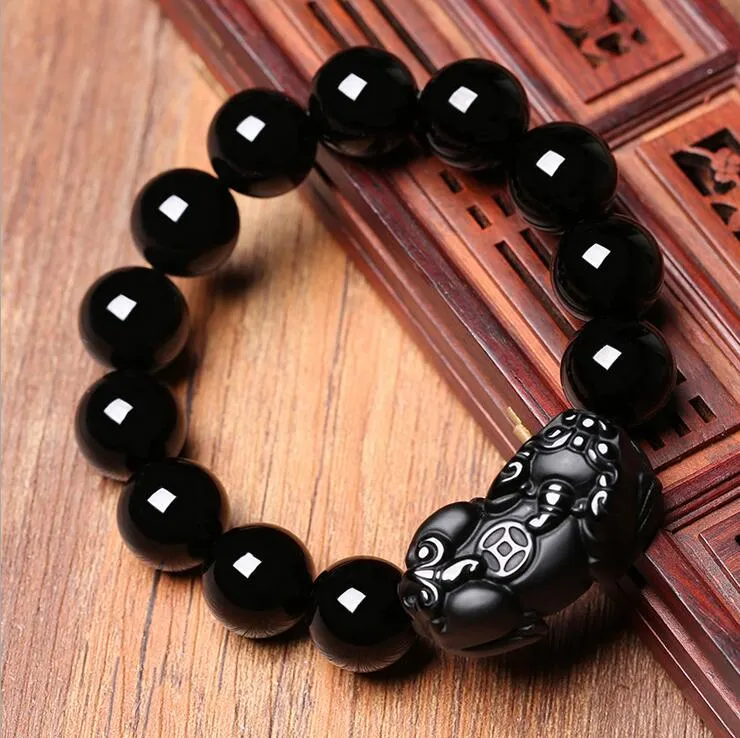 Bracelet en obsidienne en or noir noir pur naturel 12mm hommes femmes cristal perles de cristal Bracelet Couple bijoux