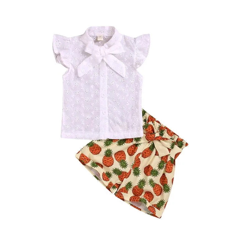 Wholesale Baby Girl Designer Clothes Girls Flying Sleeve Lapel Bow Lace Jacket Pineapple Shorts