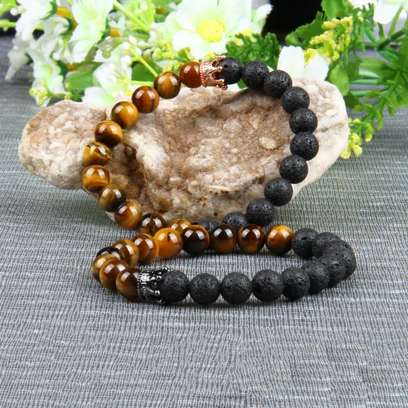 Wholesale 10pcs/lot New Couples Jewelry Clear Cz Crown Bracelets With Natural Tiger Eye And Lava Rock Stone Beads Top Quality