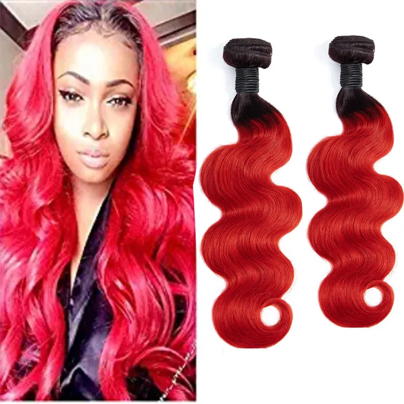 Extensões de cabelos virgens indianos 2 pacotes 1b/ombre vermelho onda de cabelo humano onda 2 peças 1b vermelho 12-28 polegadas