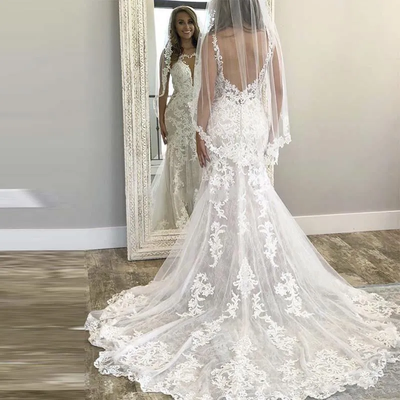Lace Mermaid Wedding Dresses with Sheer Neck and Open Back, Court Train  Bridal Gowns with Appliques