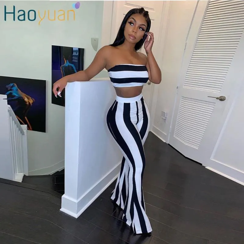 Haoyuan Women Two Piece Outfits Sexig Club Festival Kläder Striped Crop Top och Flare Byxor Födelsedag Matchning Suit 2 Piece Set