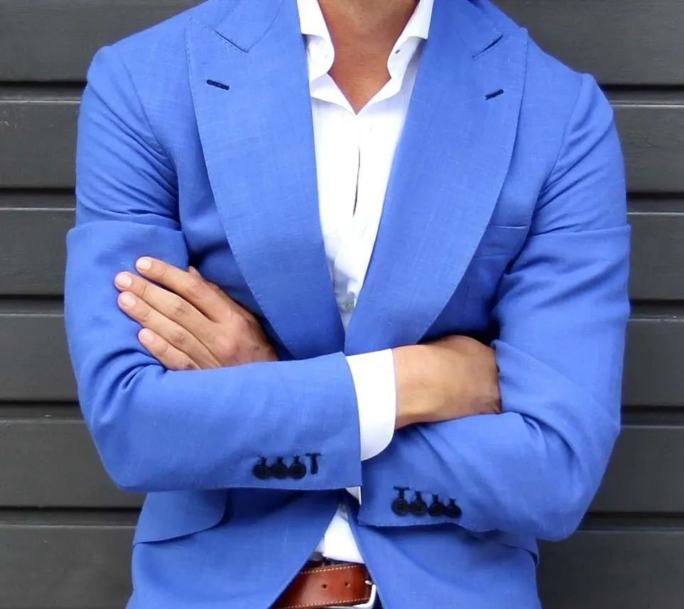 Fashion Blue Groom Tuxedos Excellent Peak Lapel Slim Fit Groomsmen Blazer Men Formal Suit Party Prom Suit(Jacket+Pants+Tie) 1292
