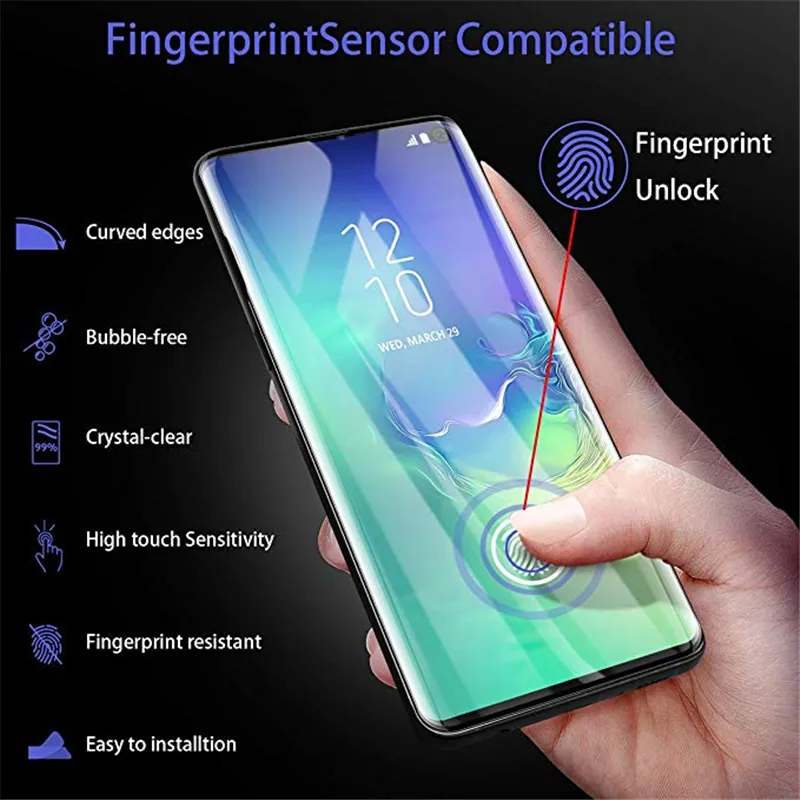 Vloeistof vol lijm kas vriendelijke schermbeschermer gehard glas met UV -licht voor Samsung Galaxy S23 S22 Ultra S21 plus S20 S10 S9 S8 Opmerking 20 10 9 8