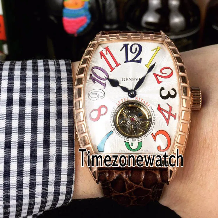 Nowy Casablanca Rose Gold Crack Silver Textured Dial Color Mark Tourbillon Automatyczne męskie Zegarek Brązowy Skórzany Zegarek Tanie TimeZonewatch E25A1