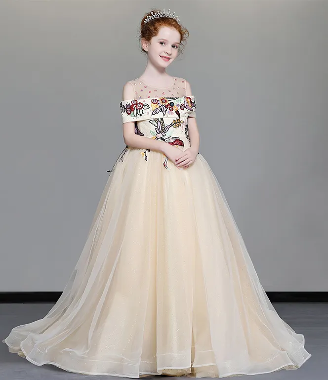 Grace Champagne Jewel Aplikacja Koraliki Dziewczyna Suknie Kwiat Kwiat Girl Dresses Princess Party Dresses Child Spódnica Custom Made 2-14 H317489