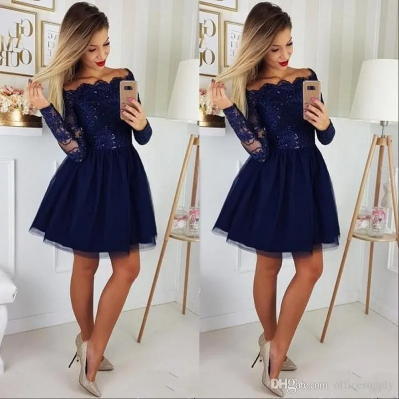 어깨 간단한 오프 a-line homecoming navy blue long sleeves tulle 레이스 아플리크 짧은 꼬리 파티 드레스 vestidos de festa