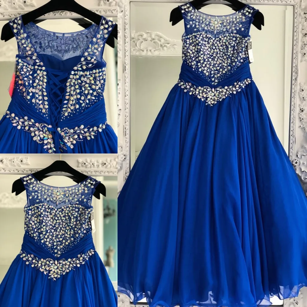 2019 Girls Pageant Dresses Royal Blue Size with Lace Up and Jewel Neck Real Pictures Beading Chiffon Little Girls Prom Gowns Sweep Train