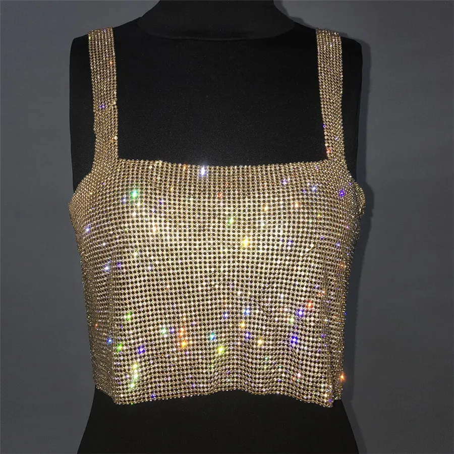 2019 Glitter Nightclub Canotta con strass senza schienale Canotta da donna Sexy con diamanti in cristallo con paillettes Night Club Party Wear Crop Top