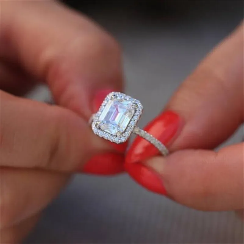 Size 5-10 Sparkling Luxury Jewelry 100% Real 925 Sterling Silver Emerald Cut White Topaz CZ Diamond Gemstones Promise Women Wedding Ring