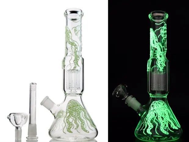 Bongs de tubo recto Resplandor en la oscuridad Bong de vidrio 6 Brazos Árbol Perc Tubería de agua Difundida Downstem Beaker Dab Oil Rigs GID05