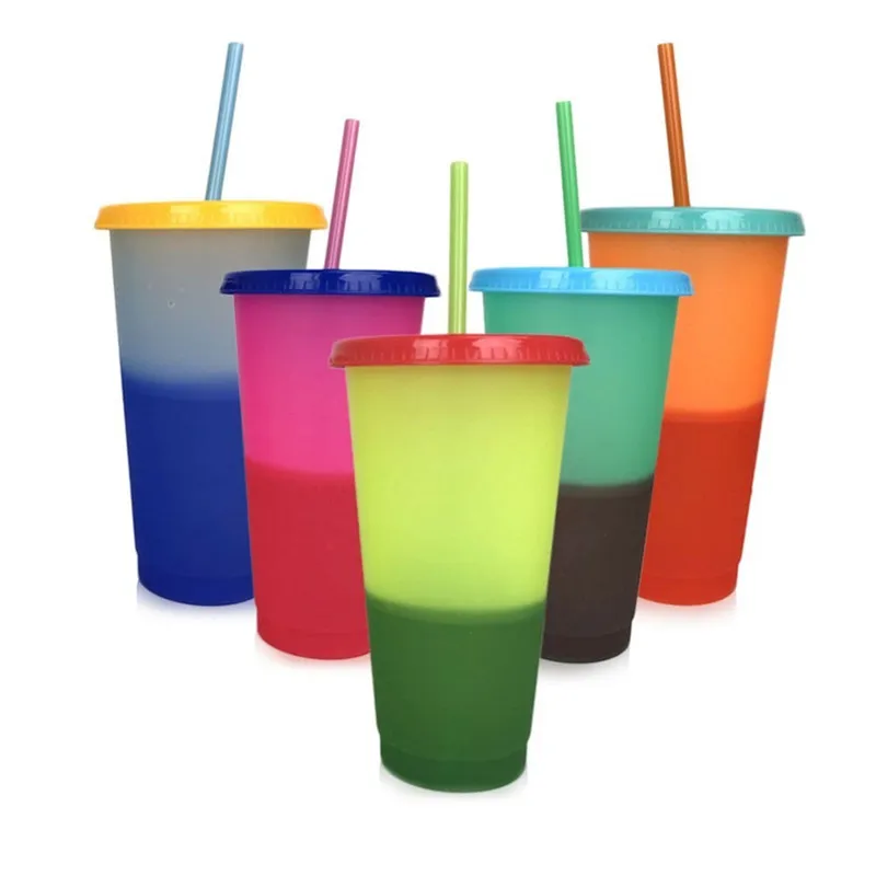 Plastic Magic Cup Temperatuur Veranderde Kleur Mok Koud Water Kleur Veranderende Koffiekop Waterflessen met Rietjes Set 24oz