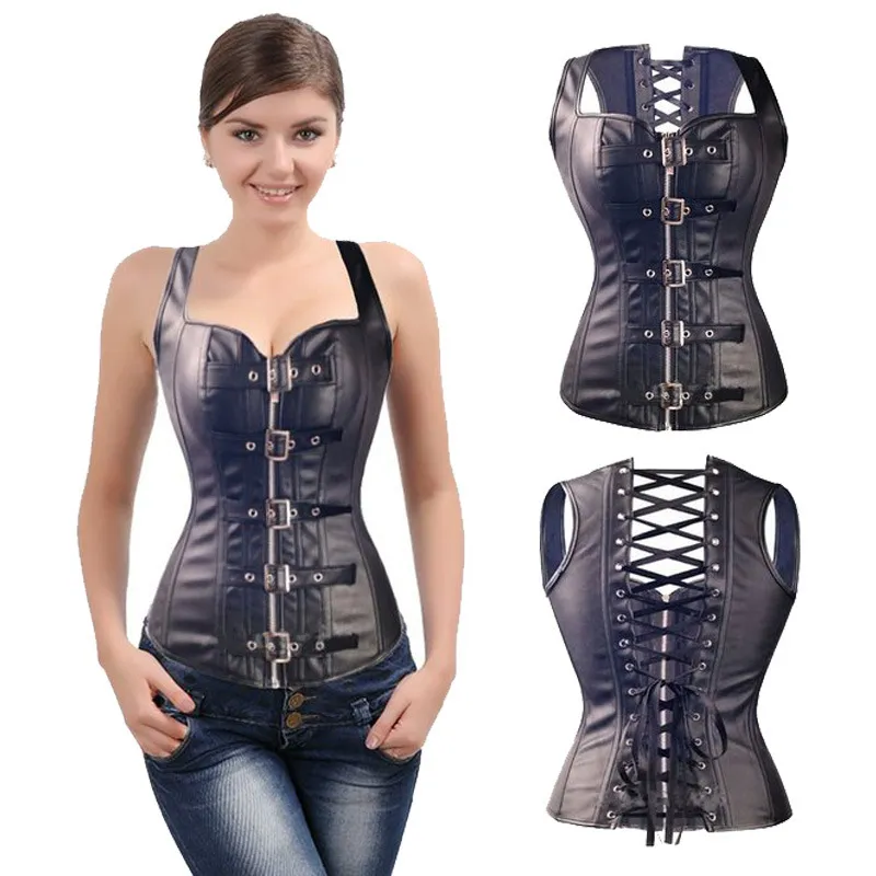 Lederen korset vrouwen taille korsetten en bustiers sexy lingerie gothic kleding zwart polyester corset top spiked taille shaper