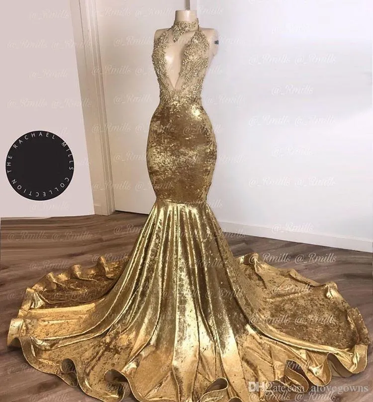 gold beads for dress Gold Beaded Halter Mermaid High Split Floor length Prom Dresses