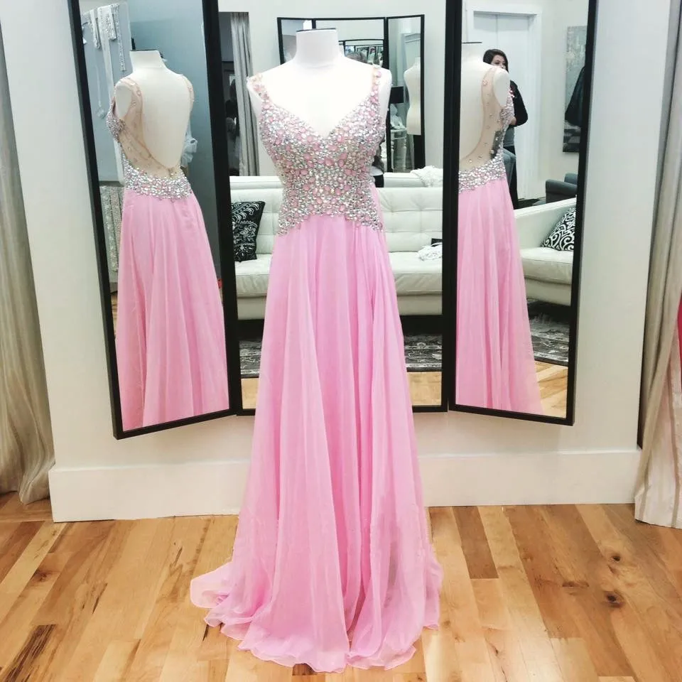 Brudtärna klänning mode v-hals prom klänning spaghetti remsor kristall beading toppar rosa chiffong bröllopsfest klänning skräddarsydda