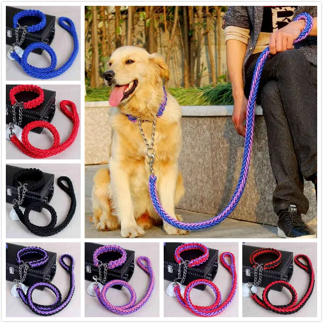 Heavy-Duty Dog Leash Collar Set Double Strand Rope, Metal P Chain,  National Colors, Ideal for Large Breeds, Secure Pet Traction