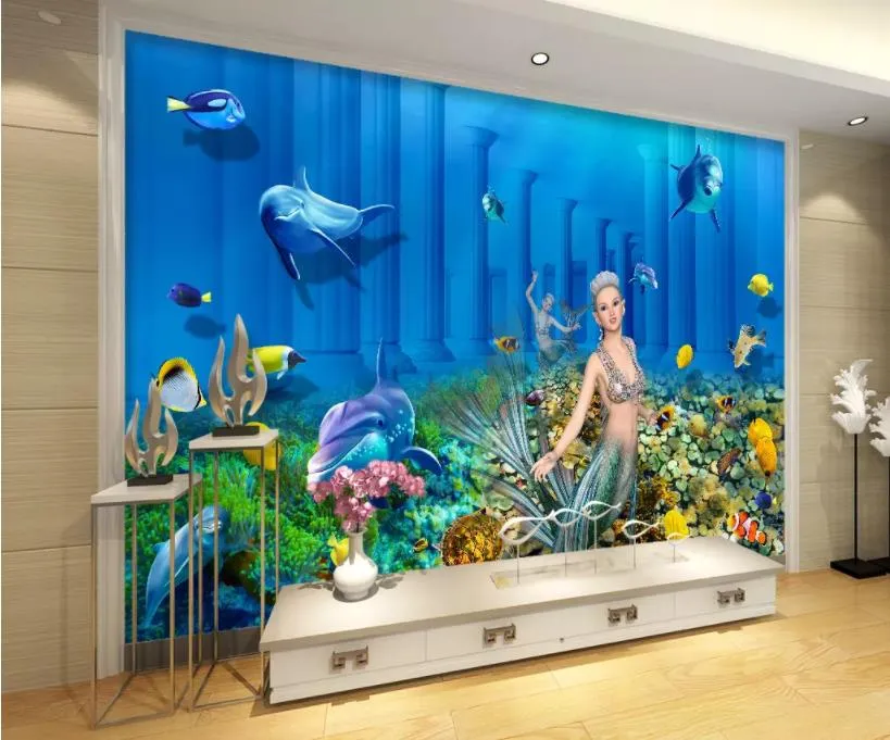 Modernt vardagsrum bakgrundsbilder undervattensvärld sjöjungfrun underjordiska palats 3d bakgrundsväggmålning