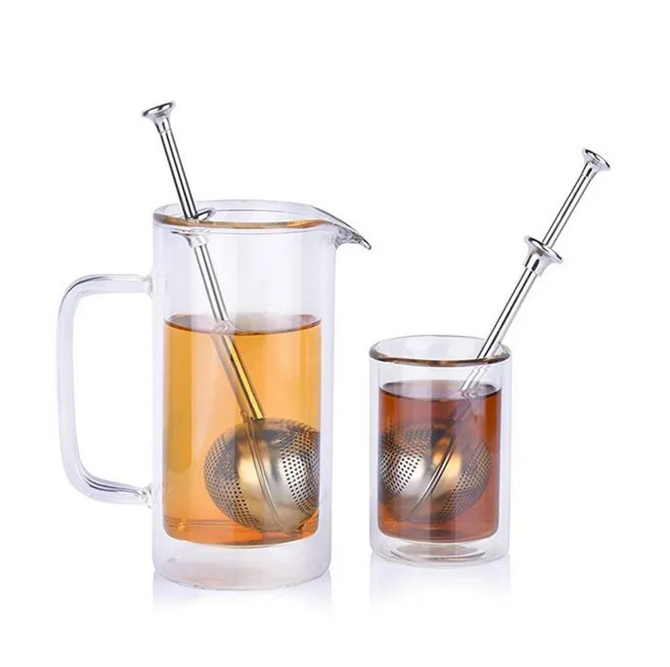 Ny Tea Infuser Rostfritt Stål Tekanna TeasTrainer Ball Shape Push Style Teinfuser Mesh Filter Reusable Metal Tool Tillbehör