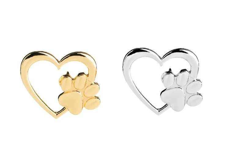 New Fashion Sier Gold Color Love Heart Lapel Pin Paw Print Loss and Pet Memorial Pins Jewelry Dog Cat Lover Gifts