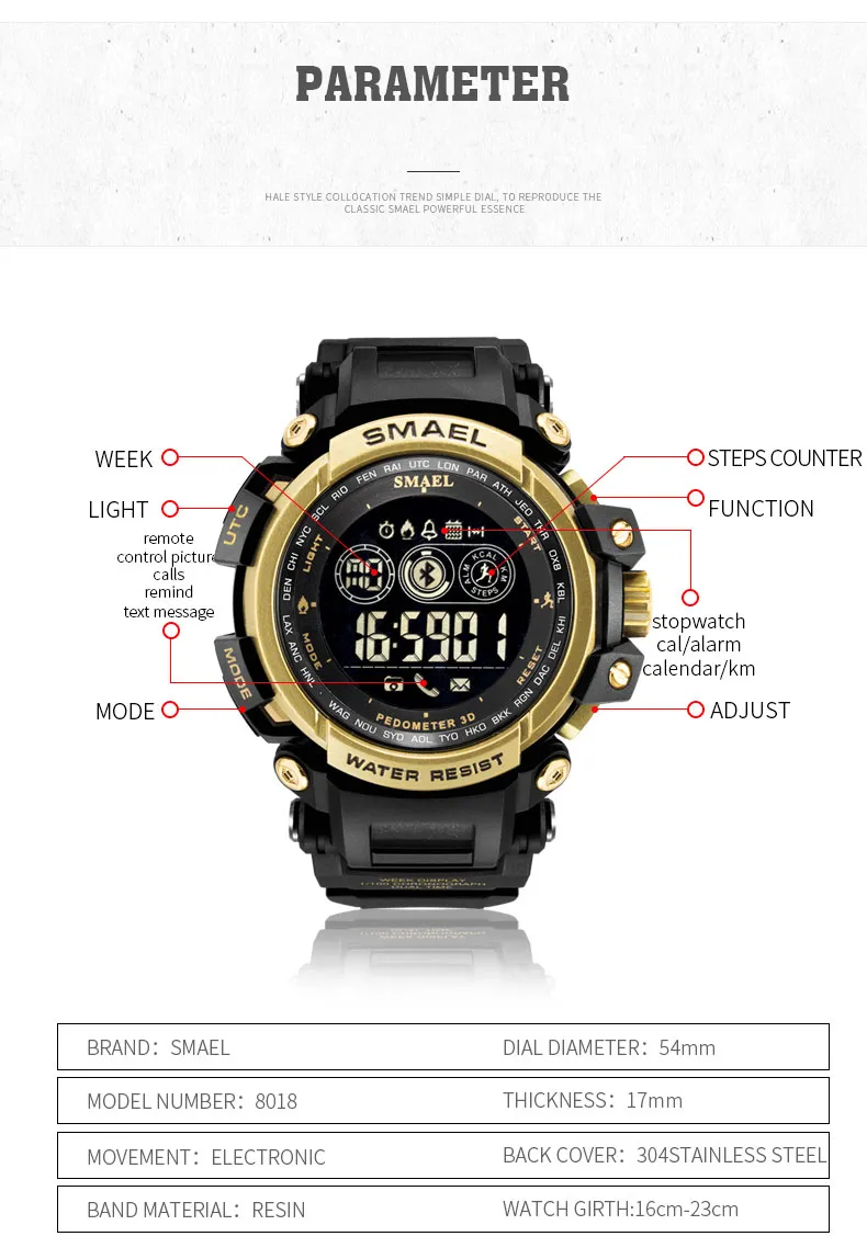 DHgate SMAEL 8018 LED Display Waterproof Sports Watch with Big Dial for Men Watches