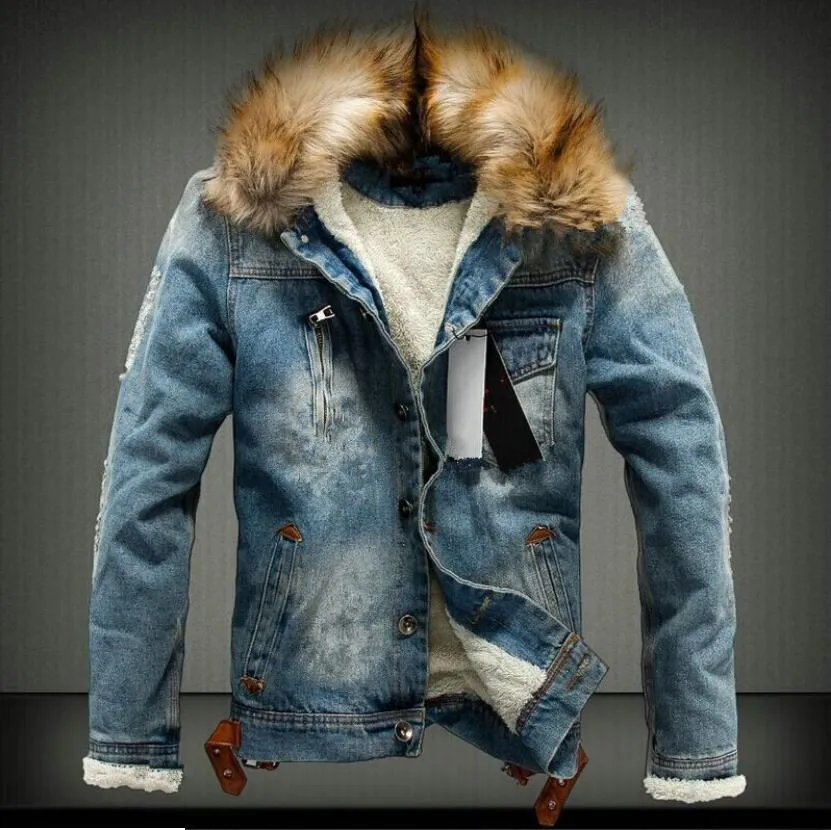 Winter denim jas jas heren ontwerper plus fluwelen verdikking met bont revers denim jas in blauw zwart S-6XL