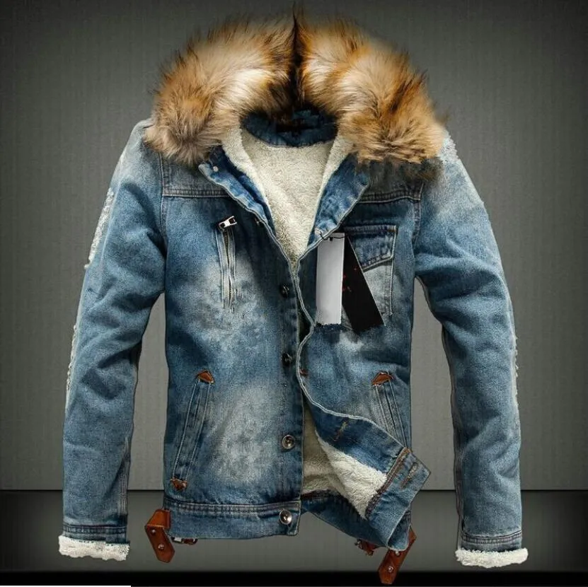 Vinter Denim Jacket Coat Mäns Designer plus sammetförtjockning med päls lapel denim jacka i blått svart s-6xl