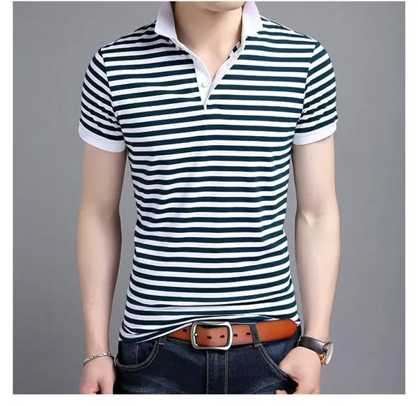 Män Polo Shirt Sommar Män Business Casual Andas Vit Striped Kortärmad Polo Shirt Pure Bomull Arbetskläder Designer Polo Trend