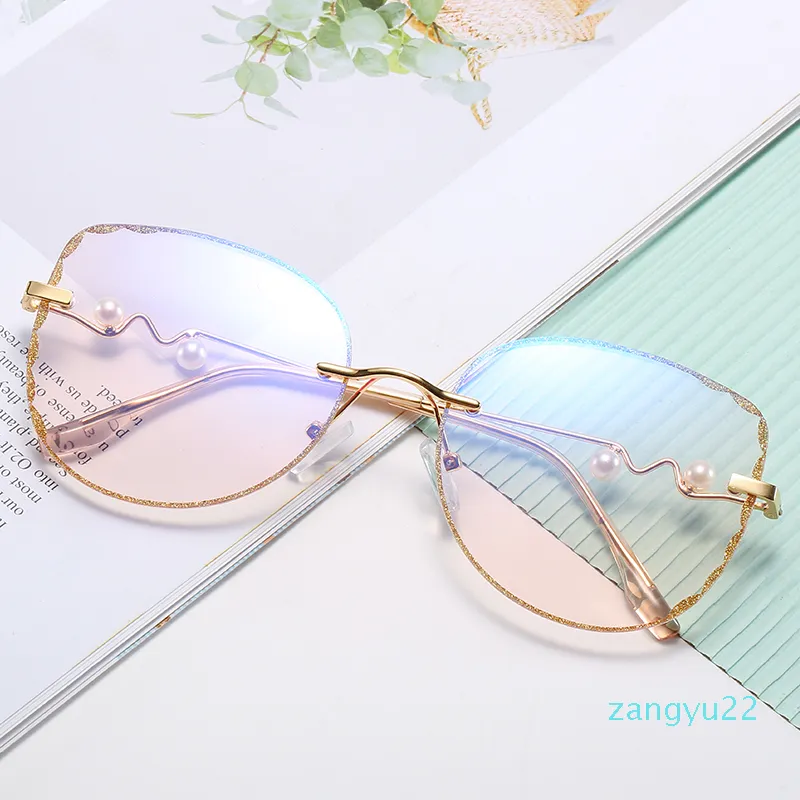 Lunettes de soleil pour femmes, verres plats, anti-myopie bleue, ultra légère, monture de lunettes, personnalité, bord doré, mode, vente en gros, 2020