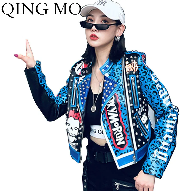 Qing Mo Blue Autumn Women Jacket 2019 Kvinnor Leopard Skriv ut Jacka med Rivet Moto Biker Kort läder Zqy1955