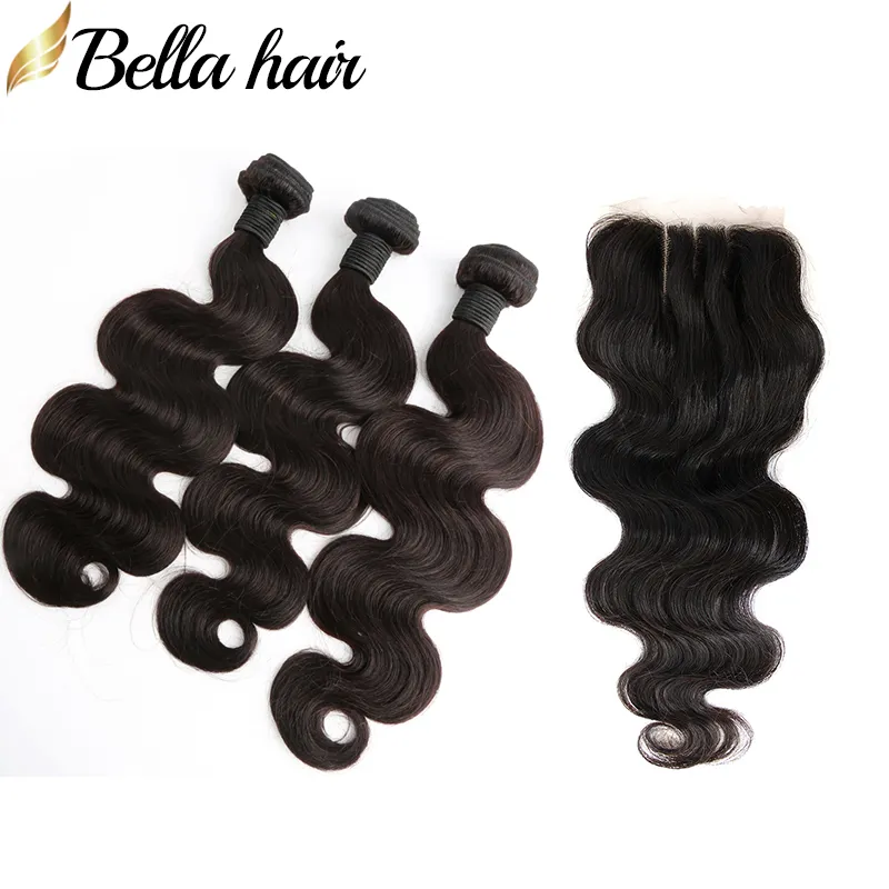 Peruanska mänskliga hårbuntar med stängningar Kroppsvåg Hårväv med spetslåsning 3 Part Virgin Hair Extension Bellahair