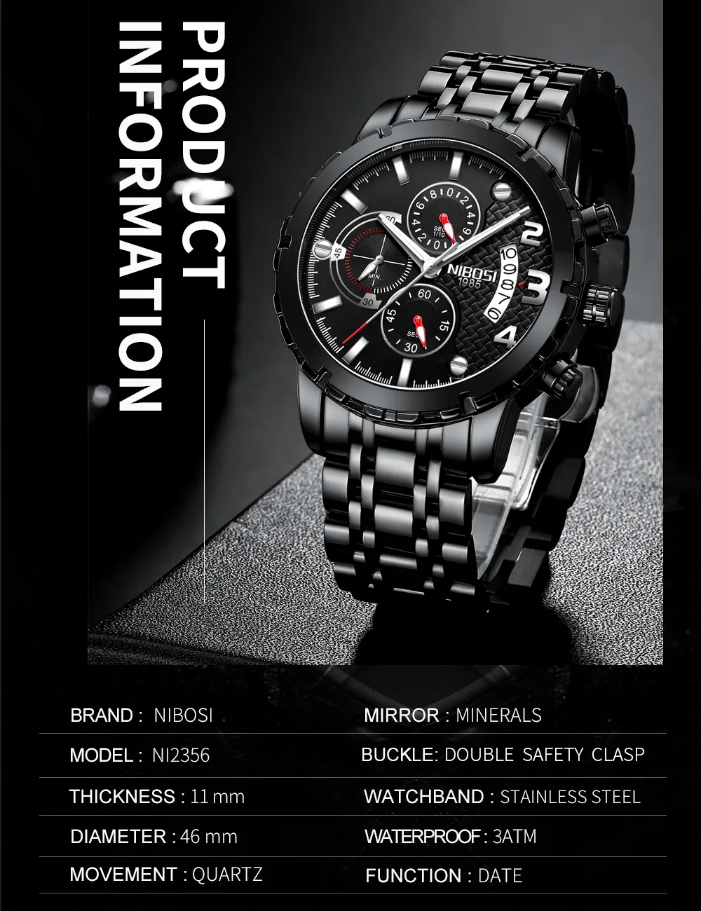 Nibosi relógio de quartzo masculino, à prova d'água, aço inoxidável, calendário luminoso, relógios masculinos, marca de luxo, relogio masculino242h