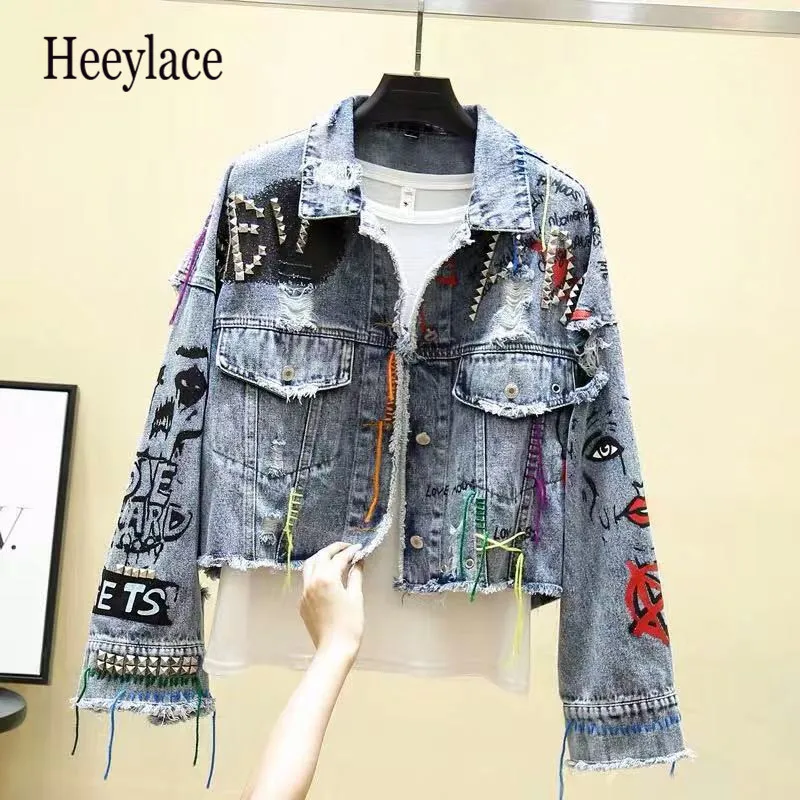 Women's Jackets 13 Styles Denim Jackets 2019 Women High Street Graffiti Personality Short Cut Rivet Jacket Fringe Jean Coat Jaqueta Feminina