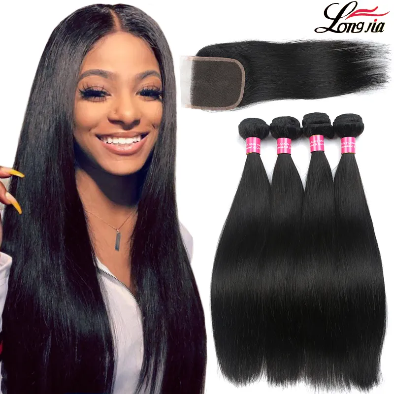 9A Straight Hair bundles With Closure Brazilian Virgin Human Hair With Closure 4x4 Lace Closure With Brazilian Hair Weave Bundles