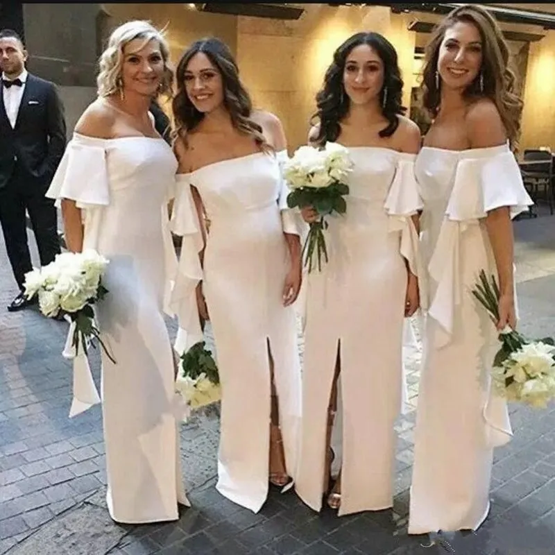 Chiffon Long Bridesmaid Dresses With Short Sleeves Off The Shoulder Maid Of Honor Dress Front Split Ruffles Sheath Wedding Prom Gowns