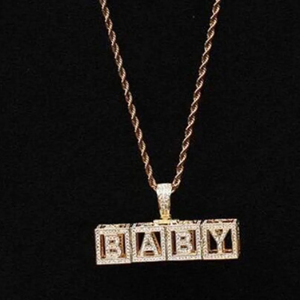 14K Gold Baby Block Custom Letters Pendant Combination Letters Name Pendant with 24inch Rope Necklaces Zirconia Jewelry