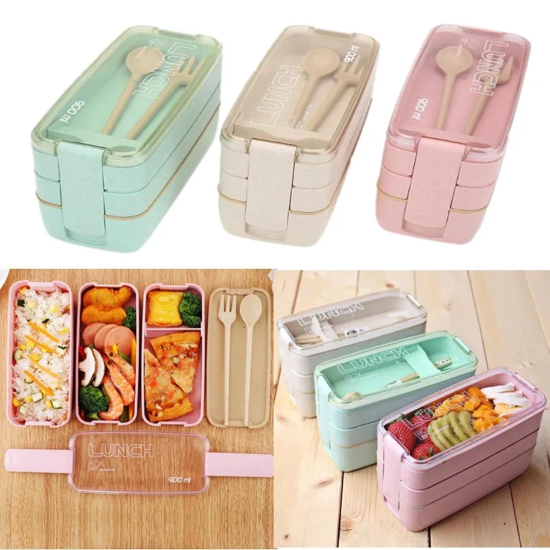 900ml 3 lager Bento Box Miljövänlig Lunchkasse Mat Container Vete Halm Material Mikrovågsugn Lunchbox