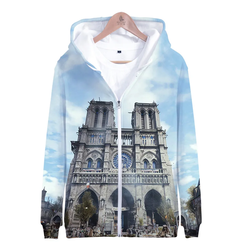 Fashion-Aikooki 3D Notre Dame de Paris Moda Męskie Zipper Bluzy Bluza Kurtka Zimowa Popularne Pullover Bawełna Z Długim Rękawem Odzieży Outerwear