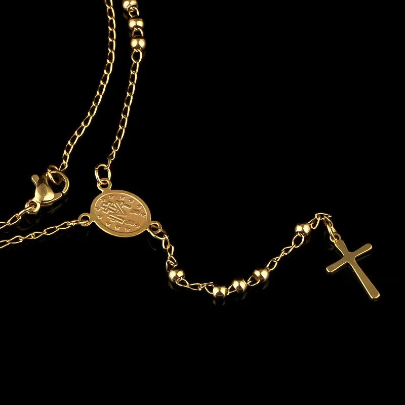 olowu Antica Collana di Perle Croce di Gesù Collana Lunga in Acciaio Inossidabile Colore Argento Gioielli Rosario Cristiano Religioso Le Donne