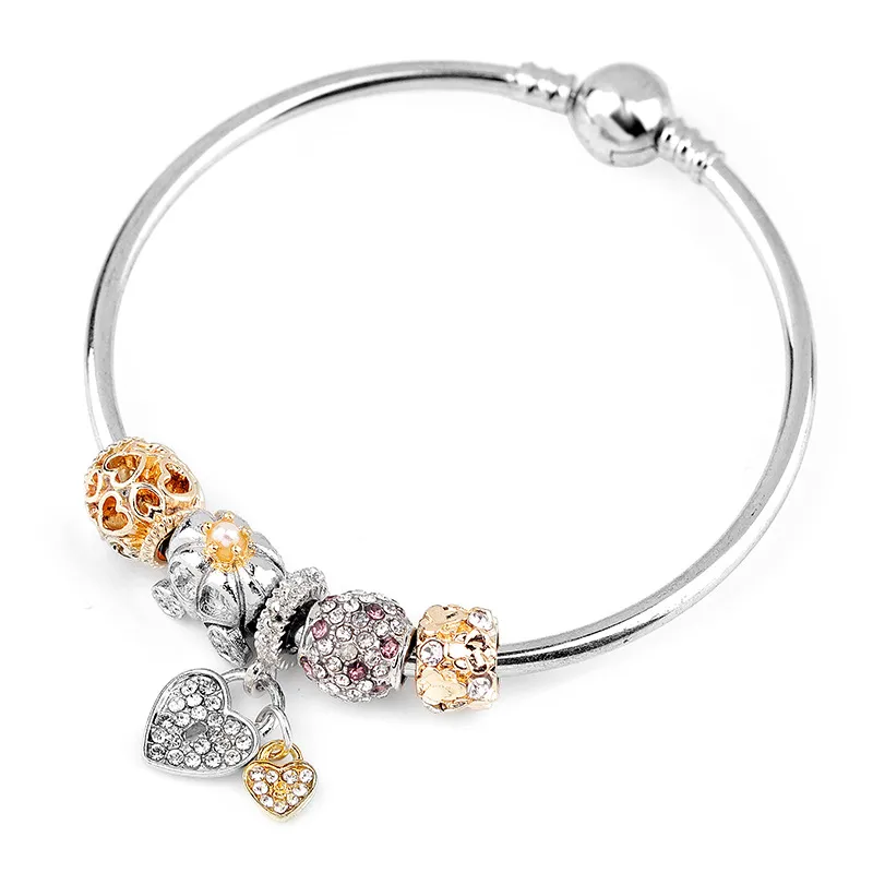 Charm Beads Bracelets Diamond Heart Pendant Bangle Charm Pandora Gold Bead as Gift Diy Jewelry with Logo