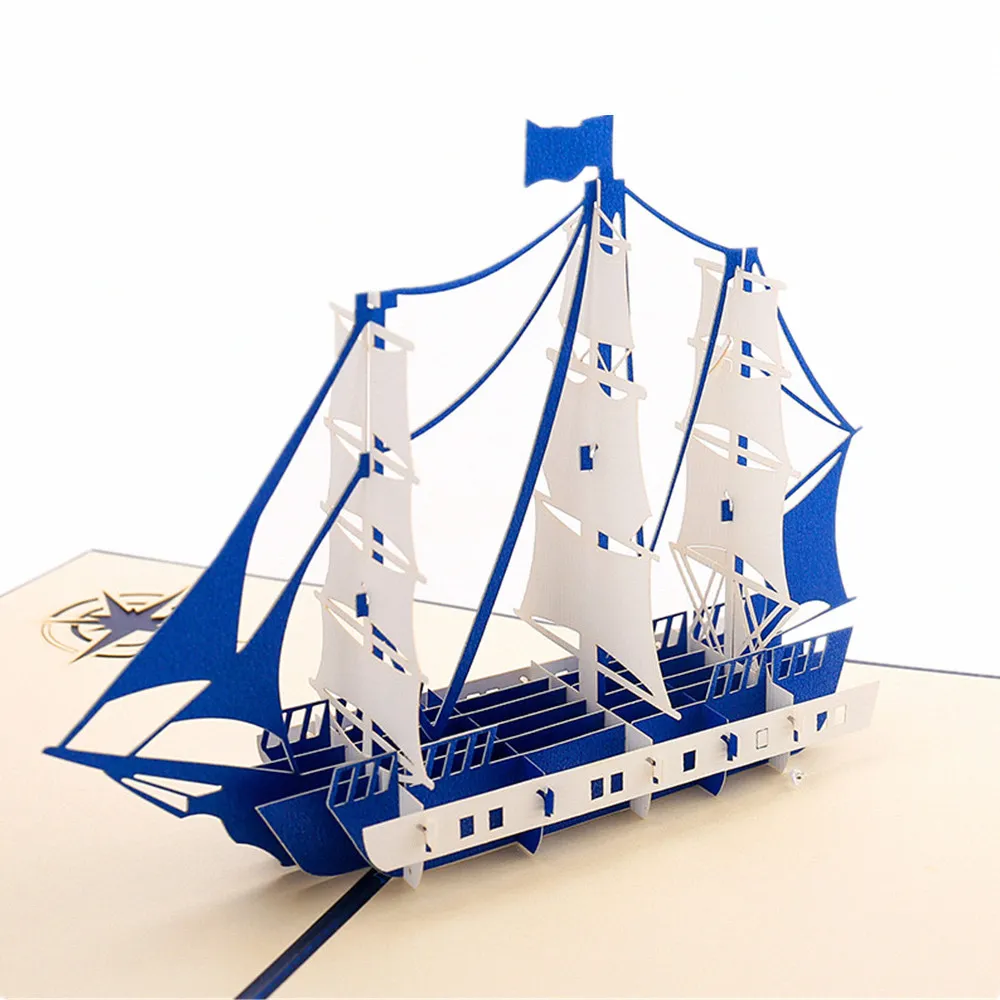 Sailing Boat Pop Up Cards Navy Blue Greeting Card for Men Congratulation Gift for Kids Special Day Valentine's Day Birthday Wedding Party