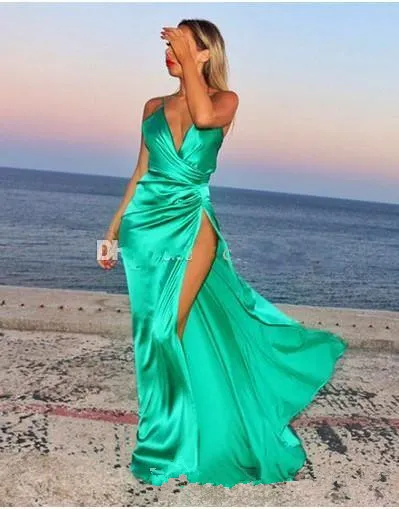 Green Satin Prom Dress 2024 Sexy Backless Jade Green Maxi Dress Beach Wedding Party Gowns