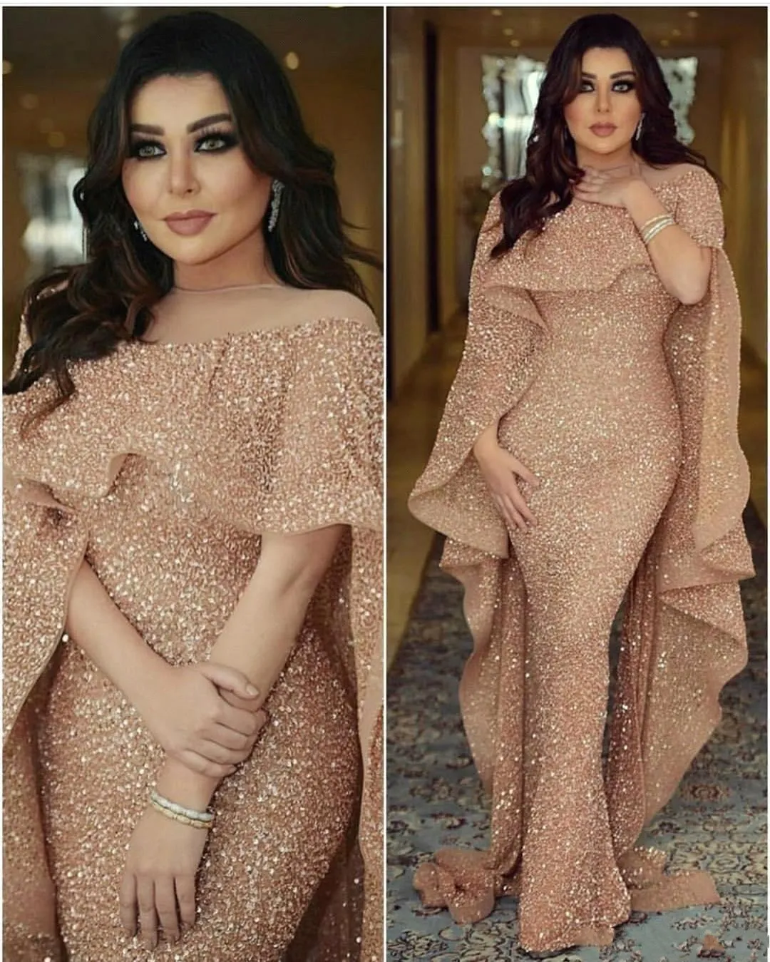 2020新しいキラキラスパンコールマーメイドイブニングドレス長いケープルトラフルのアラビアの中東の床の長さとサイズのプロムのドレス