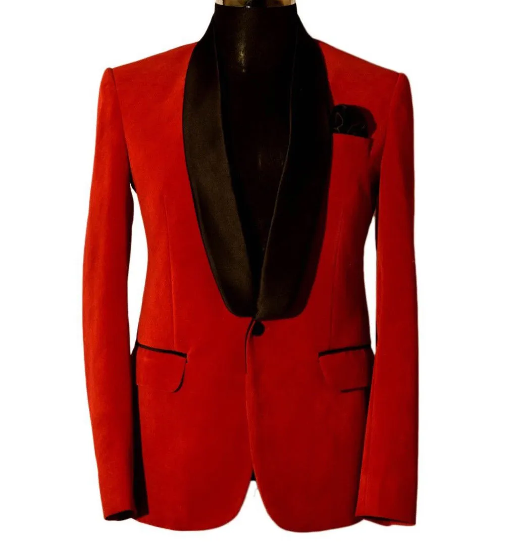 Red Velvet Mens Passar Bröllop Brudgummen Party Tuxedos för Mäns Black Lapel Prom Dinner Passar Custom Gjorda Bara En Piece Jacka