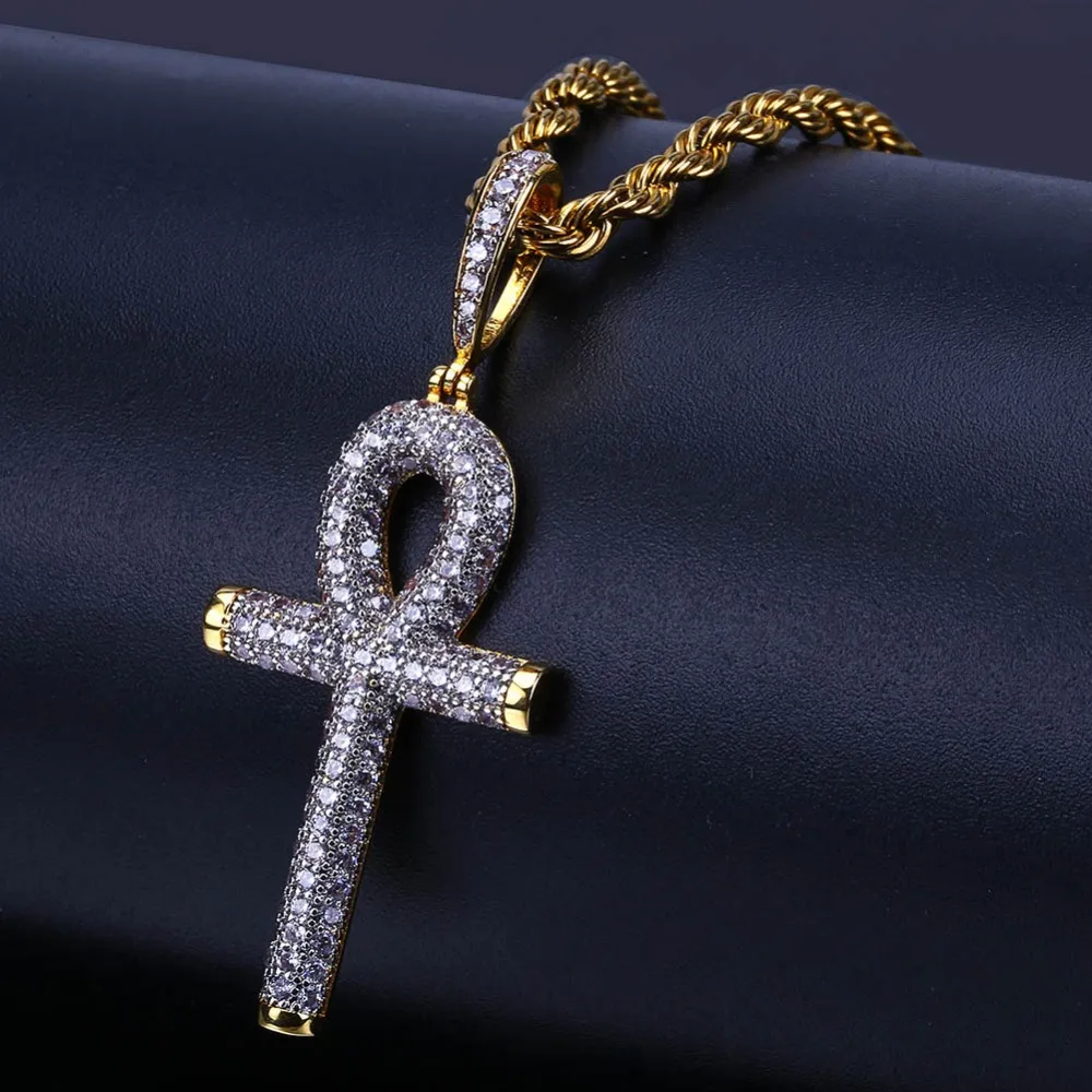 Hip Hop Rock Halskette Goldfarbe All Iced Out Micro Pave CZ Stein Ankh Kreuz Anhänger Halsketten mit 60cm Seilkette