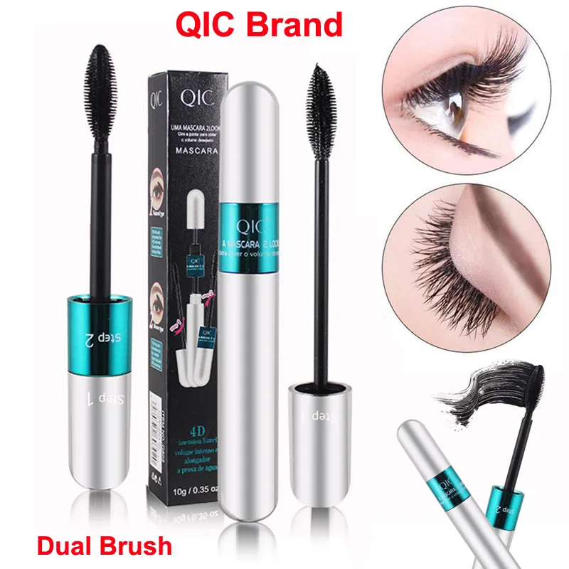 QIC 4D Silk Fiber Lash Mascara Black Curly Eyelash 2 in 1 Dual Brush Makeup Mascara Thick Lengthening Waterproof Long Lasting Sex Eyelashes