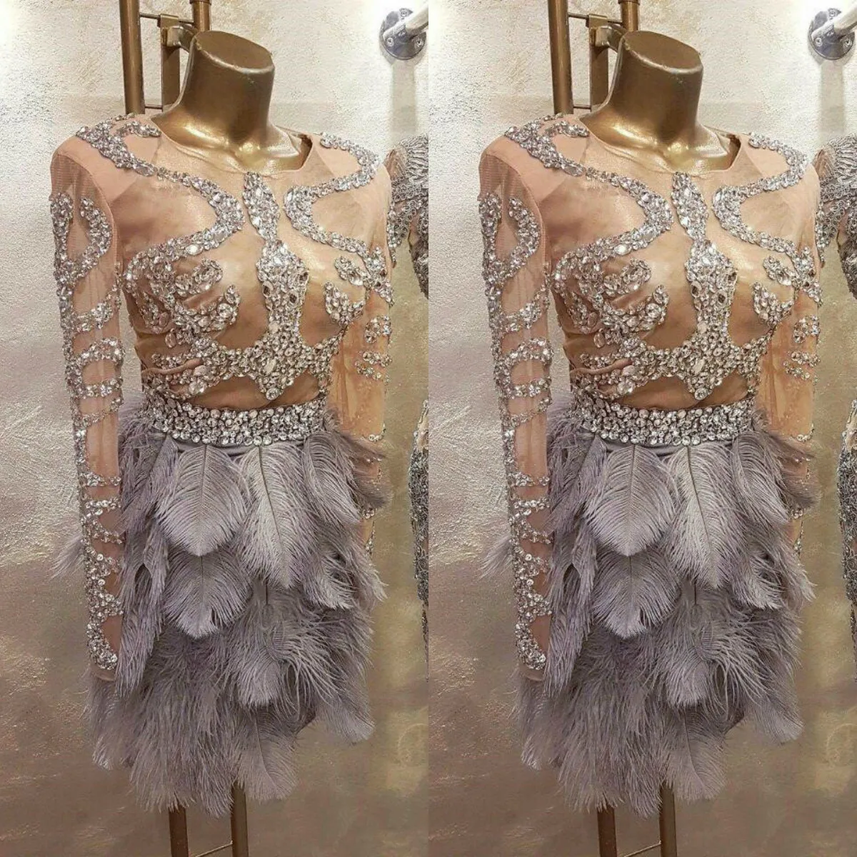 Great Gatsby Feather 2020 Koktajl Suknie Z Długim Rękawem Frezowanie Krótkie Prom Suknie Wieczorowe Yousef Aljasmi Party Dress Sukienka