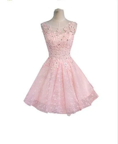 Sweet Cocktail Dresses 2019 New Bride Married Banquet Pink Lace Short Prom Dress Plus Size Party Formal Dresses 494